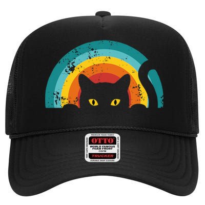 Vintage Style Cat Retro Distressed Cat High Crown Mesh Back Trucker Hat