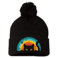 Vintage Style Cat Retro Distressed Cat Pom Pom 12in Knit Beanie