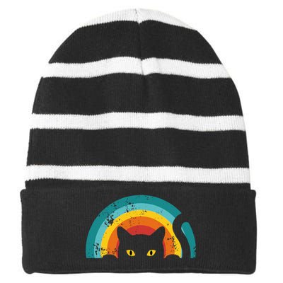 Vintage Style Cat Retro Distressed Cat Striped Beanie with Solid Band