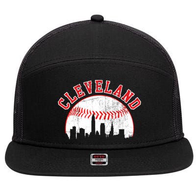 Vintage Skyline Cleveland Baseball Gift 7 Panel Mesh Trucker Snapback Hat