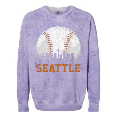 Vintage Seattle Cityscape Baseball Lover Player Colorblast Crewneck Sweatshirt