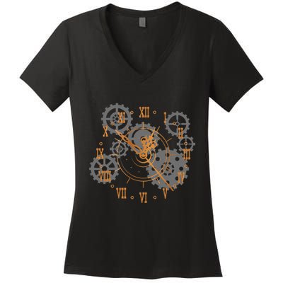 Vintage Steampunk Clock Gears Steampunk Women's V-Neck T-Shirt