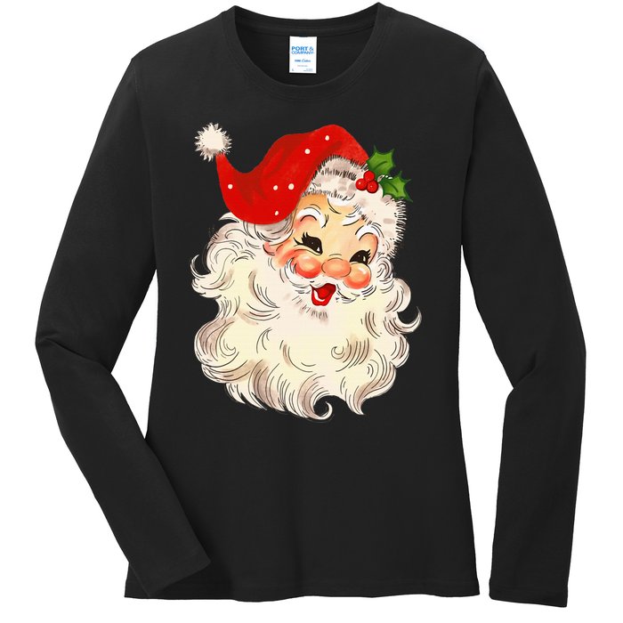 Vintage Santa Claus Face Christmas Xmas Santa Claus Ladies Long Sleeve Shirt