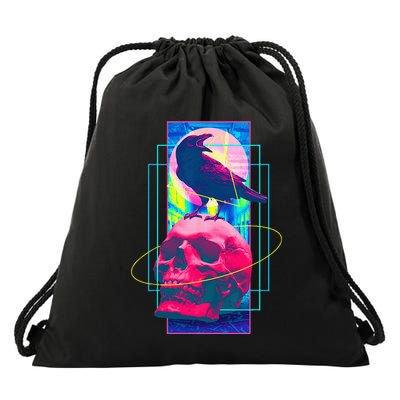 Vaporwave Skull & Crow Halloween Retro Aesthetic Art Drawstring Bag