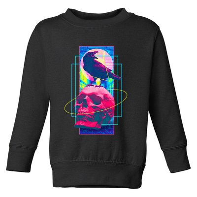 Vaporwave Skull & Crow Halloween Retro Aesthetic Art Toddler Sweatshirt