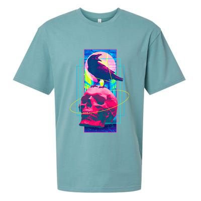 Vaporwave Skull & Crow Halloween Retro Aesthetic Art Sueded Cloud Jersey T-Shirt
