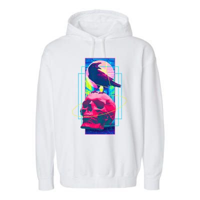 Vaporwave Skull & Crow Halloween Retro Aesthetic Art Garment-Dyed Fleece Hoodie