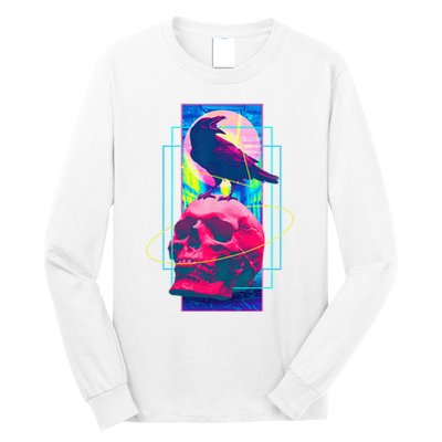 Vaporwave Skull & Crow Halloween Retro Aesthetic Art Long Sleeve Shirt