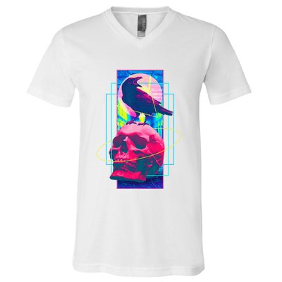 Vaporwave Skull & Crow Halloween Retro Aesthetic Art V-Neck T-Shirt