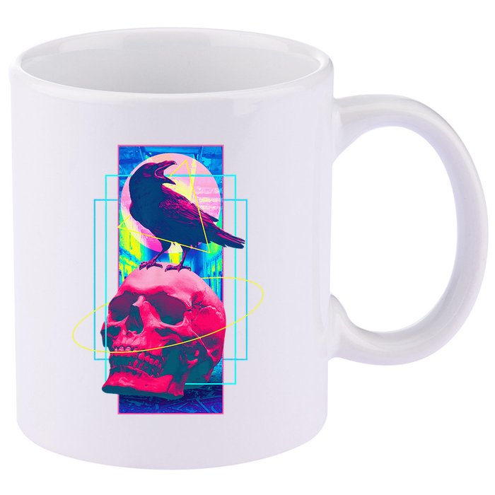 Vaporwave Skull & Crow Halloween Retro Aesthetic Art 11oz C Handle Ceramic Mug