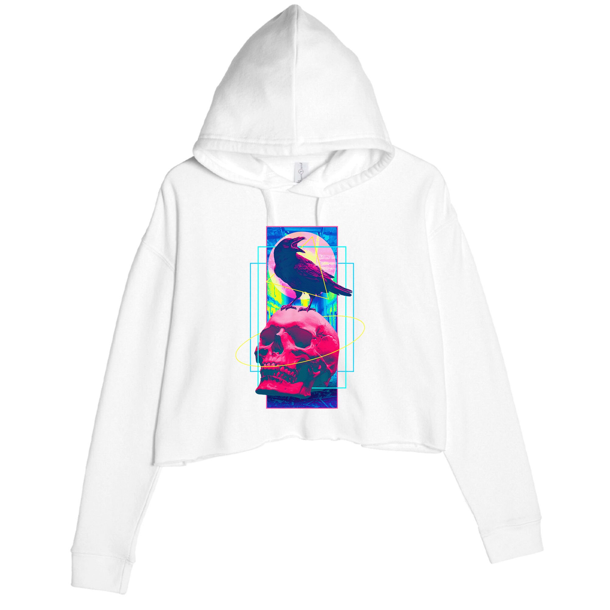 Vaporwave Skull & Crow Halloween Retro Aesthetic Art Crop Fleece Hoodie
