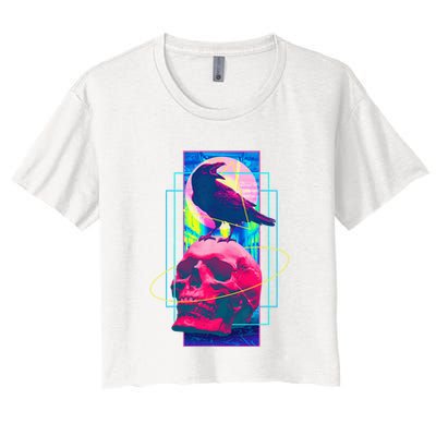 Vaporwave Skull & Crow Halloween Retro Aesthetic Art Crop Top