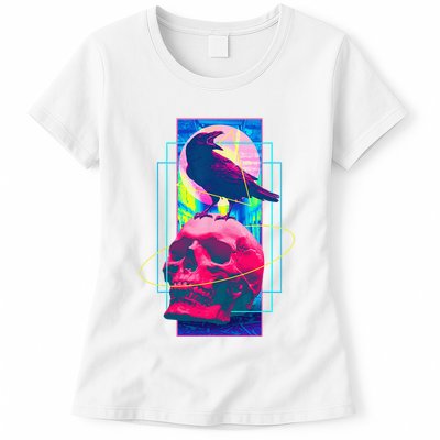 Vaporwave Skull & Crow Halloween Retro Aesthetic Art Womens T-Shirt