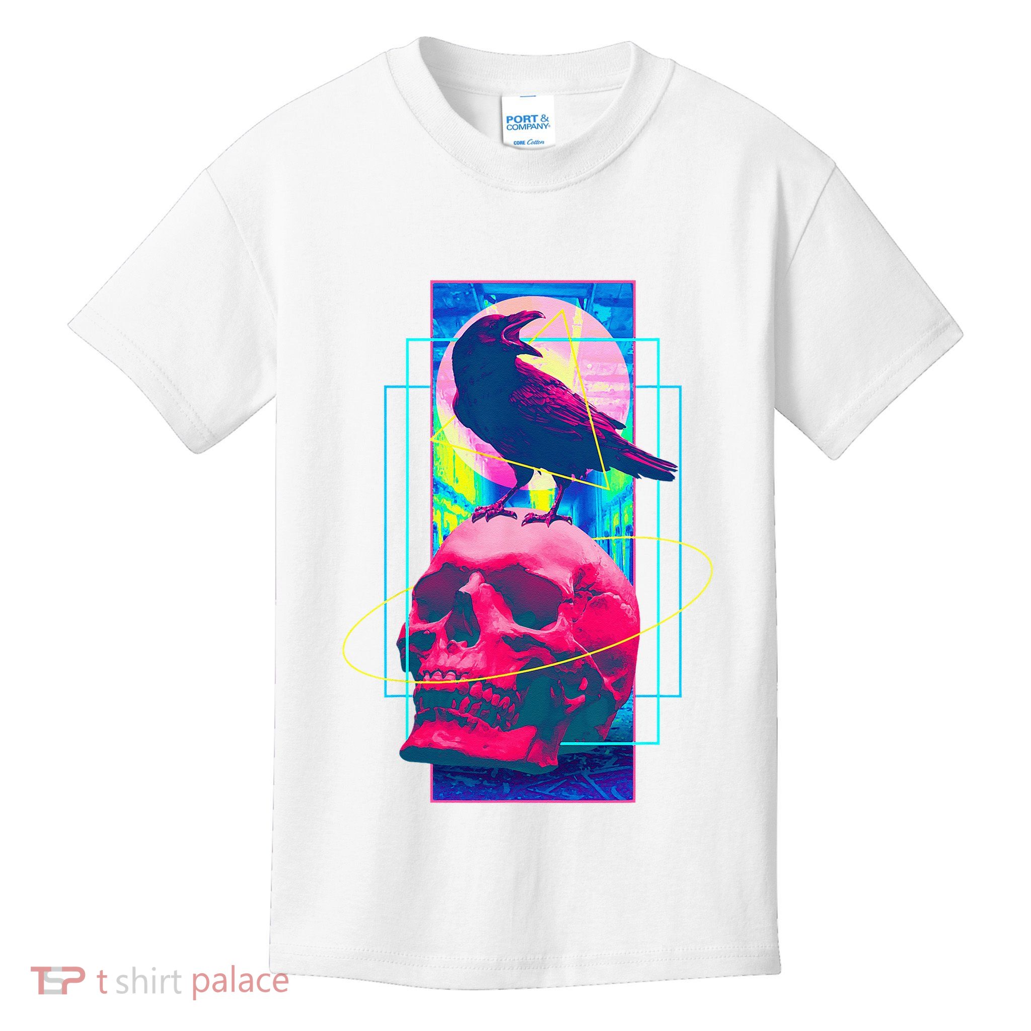 Vaporwave Skull & Crow Halloween Retro Aesthetic Art Kids T-Shirt