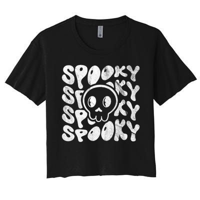 Vintage Spooky Creepy Ghost Skull Halloween Women's Crop Top Tee