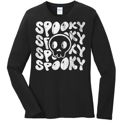 Vintage Spooky Creepy Ghost Skull Halloween Ladies Long Sleeve Shirt