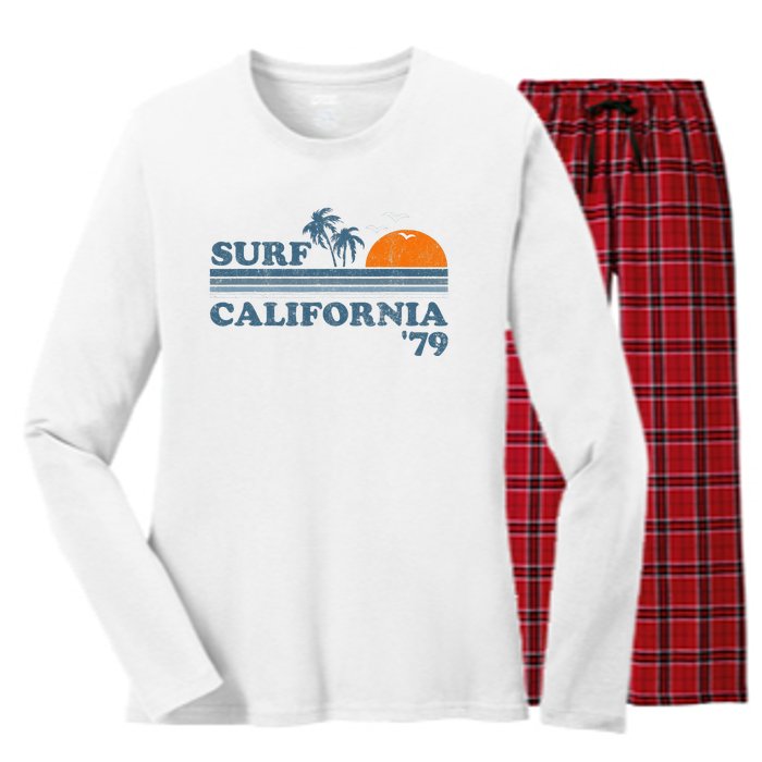 Vintage Surf California Beach Retro Sunset Surf 70's Gift Women's Long Sleeve Flannel Pajama Set 