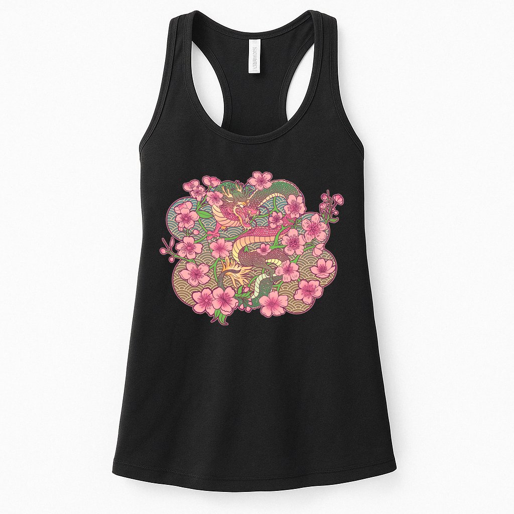 Vintage Springtime Cherry Blossom Sakura Flowers Dragon Womens Tank Top