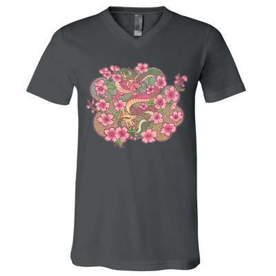 Vintage Springtime Cherry Blossom Sakura Flowers Dragon V-Neck T-Shirt