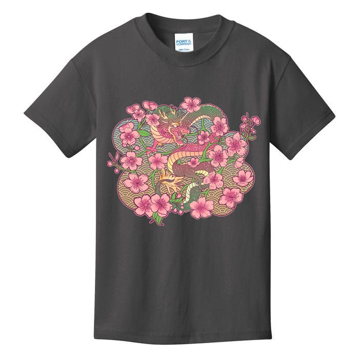 Vintage Springtime Cherry Blossom Sakura Flowers Dragon Kids T-Shirt