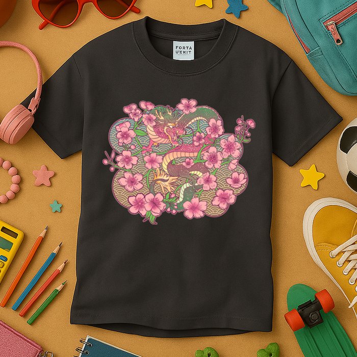 Vintage Springtime Cherry Blossom Sakura Flowers Dragon Kids T-Shirt