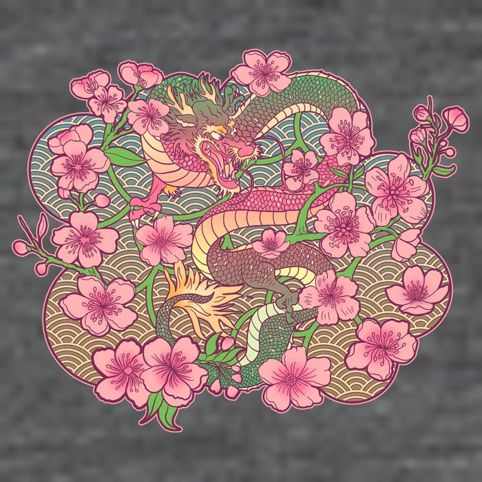 Vintage Springtime Cherry Blossom Sakura Flowers Dragon Kids T-Shirt