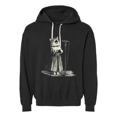 Vintage Singing Cat Microphone Retro Illustration Garment-Dyed Fleece Hoodie