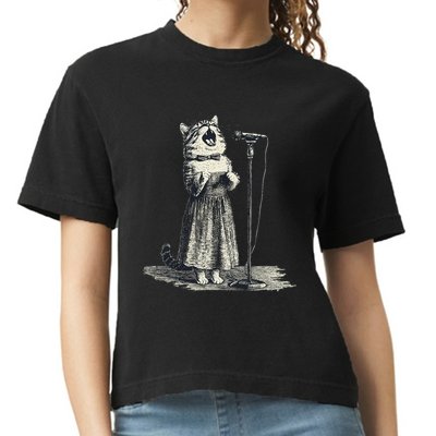 Vintage Singing Cat Microphone Retro Illustration Comfort Colors Boxy T-Shirt