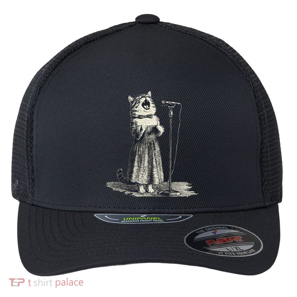 Vintage Singing Cat Microphone Retro Illustration Flexfit Unipanel Trucker Cap