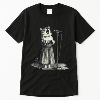 Vintage Singing Cat Microphone Retro Illustration Tall T-Shirt