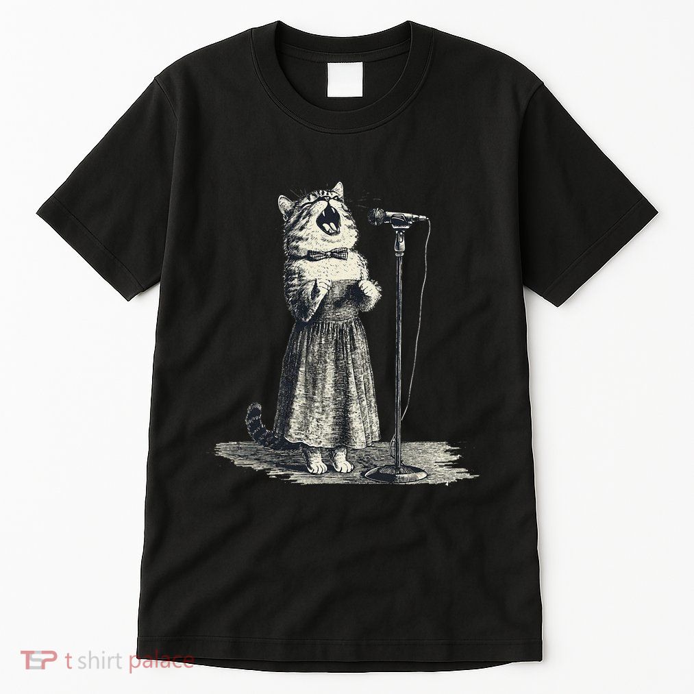Vintage Singing Cat Microphone Retro Illustration Tall T-Shirt