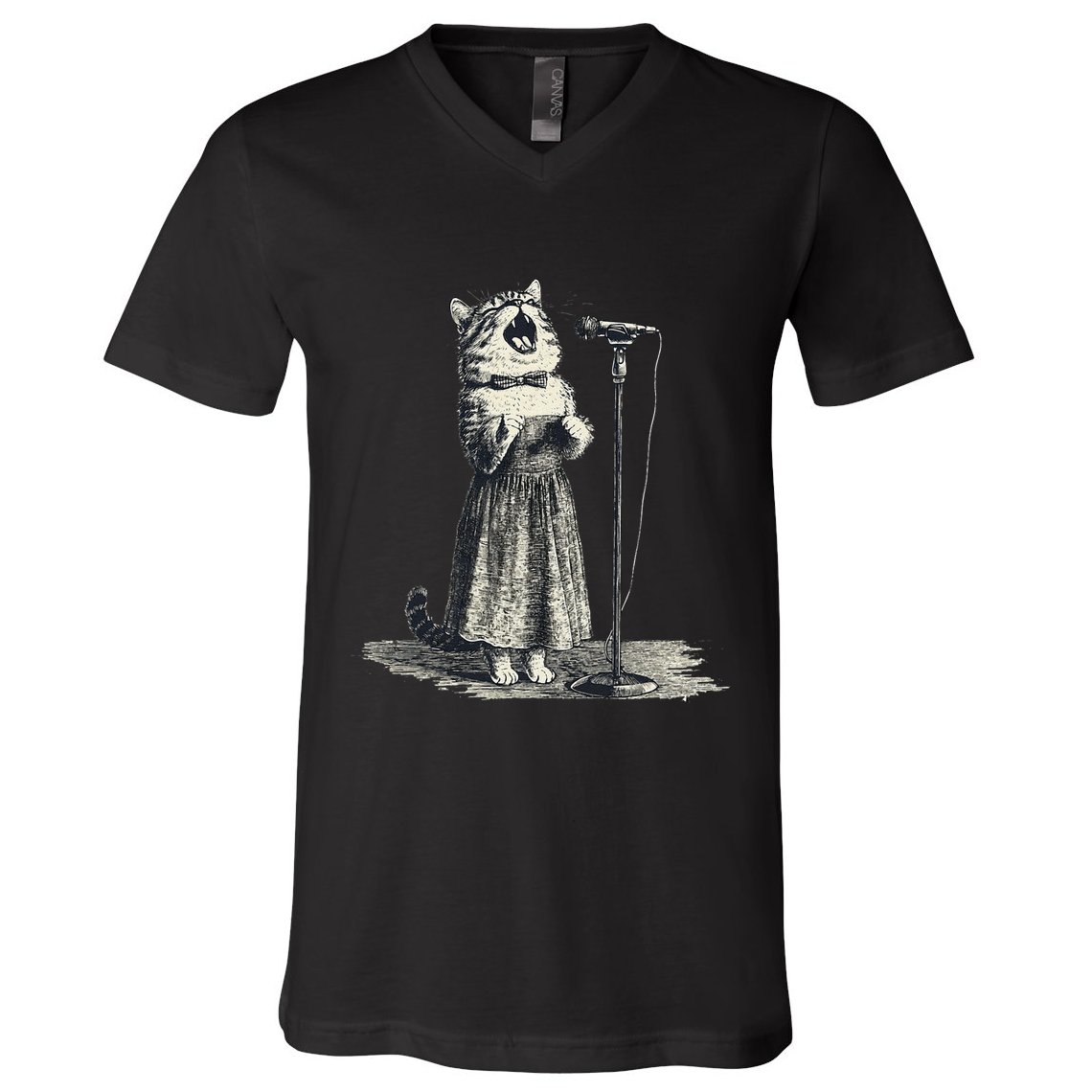 Vintage Singing Cat Microphone Retro Illustration V-Neck T-Shirt