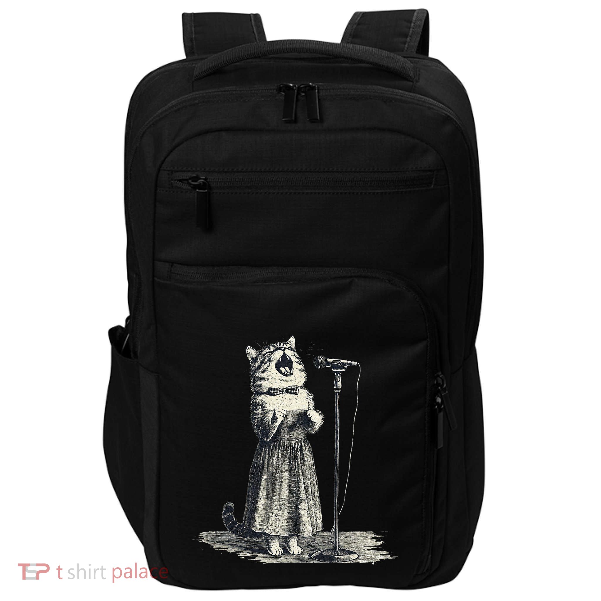 Vintage Singing Cat Microphone Retro Illustration Impact Tech Backpack