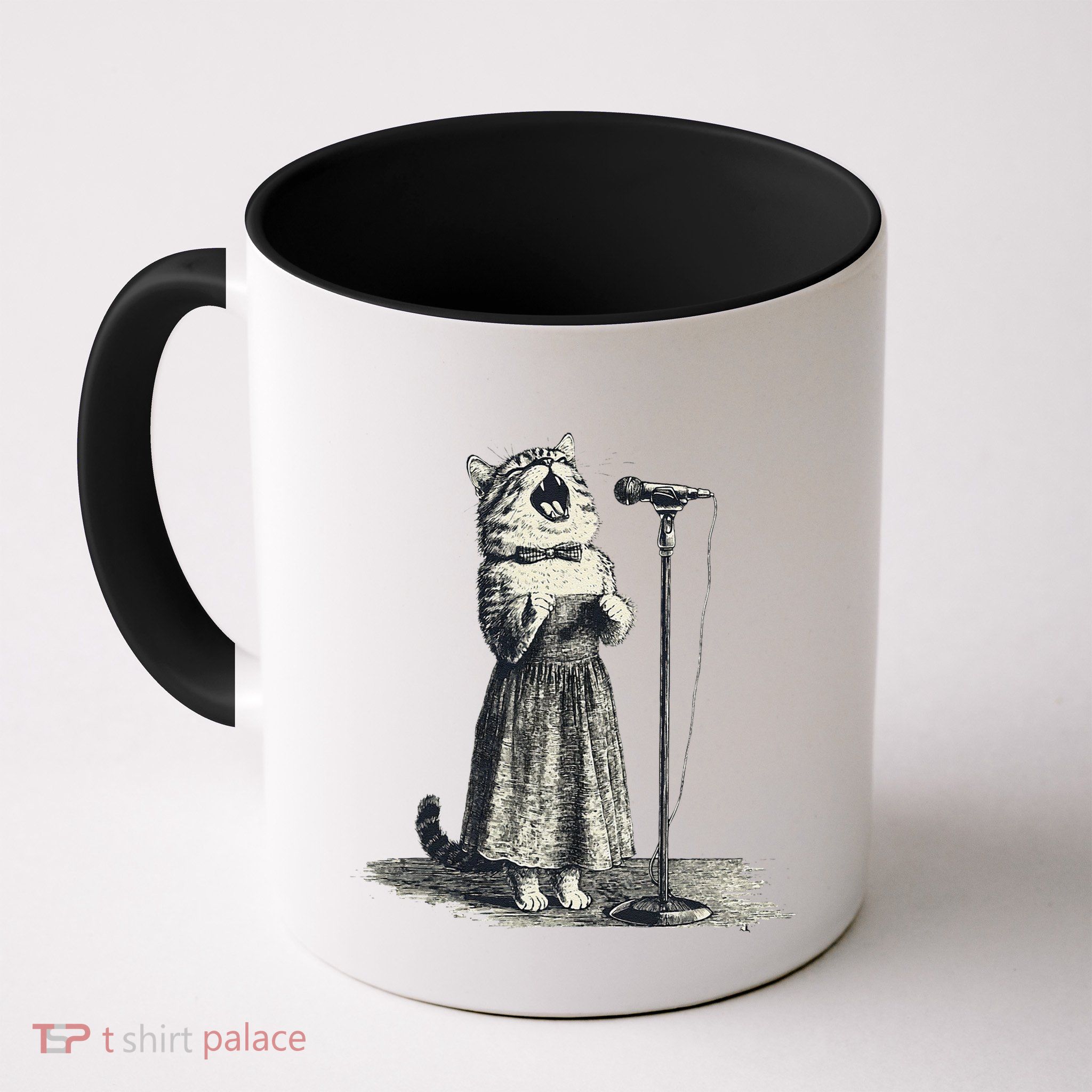 Vintage Singing Cat Microphone Retro Illustration Mug