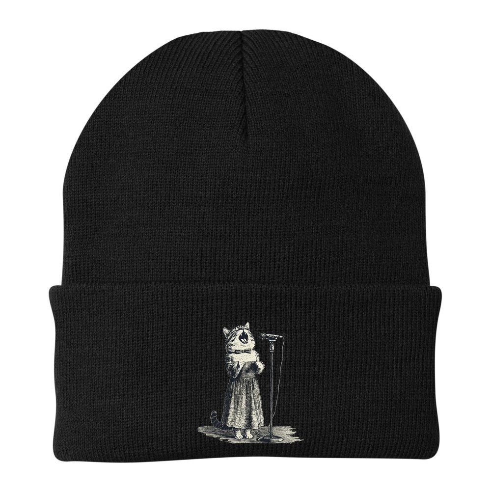 Vintage Singing Cat Microphone Retro Illustration Beanie