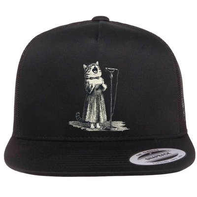 Vintage Singing Cat Microphone Retro Illustration Flatbill Hat