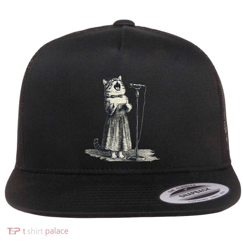 Vintage Singing Cat Microphone Retro Illustration Flatbill Hat