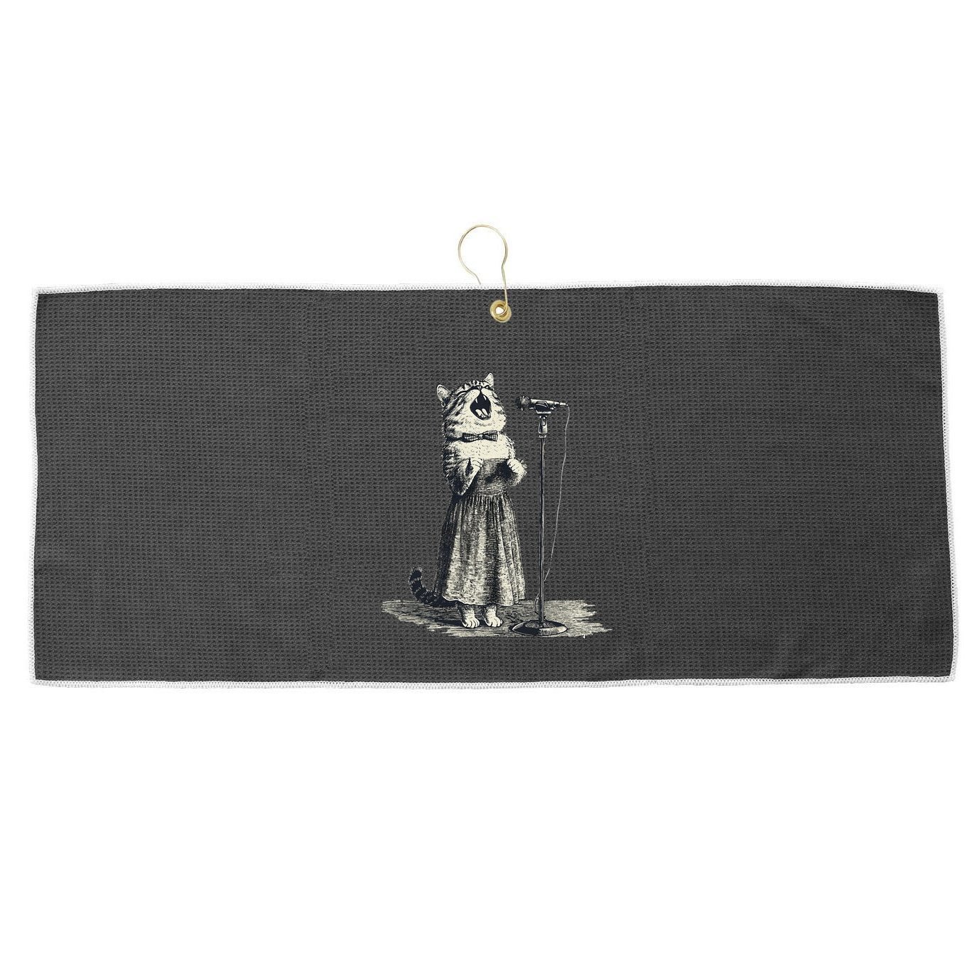 Vintage Singing Cat Microphone Retro Illustration Large Microfiber Waffle Golf Towel