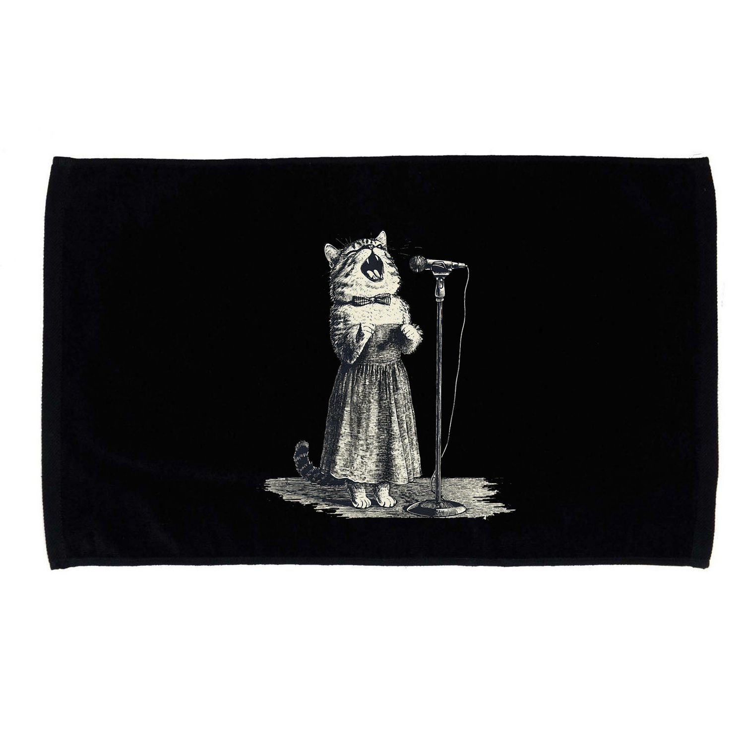 Vintage Singing Cat Microphone Retro Illustration Microfiber Hand Towel