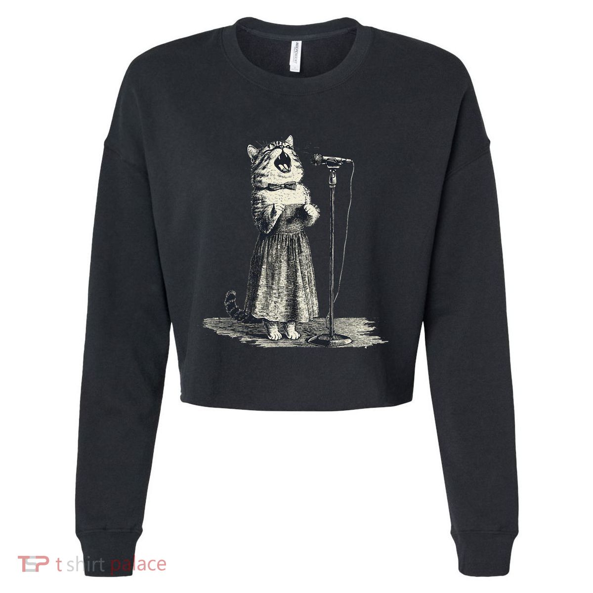 Vintage Singing Cat Microphone Retro Illustration Cropped Pullover Crew
