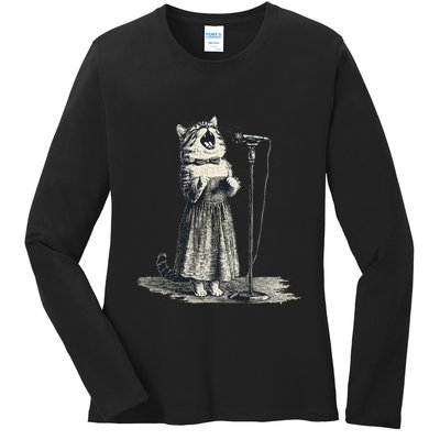 Vintage Singing Cat Microphone Retro Illustration Ladies Long Sleeve Shirt