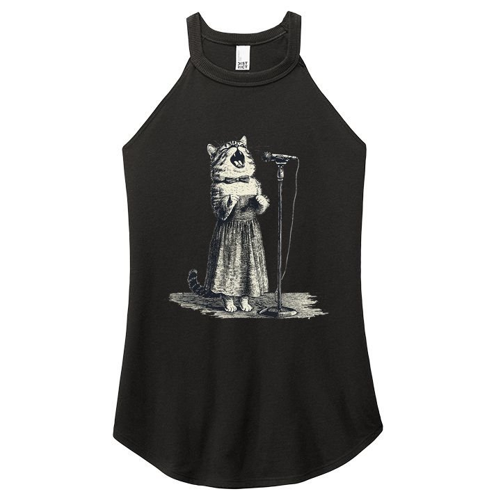 Vintage Singing Cat Microphone Retro Illustration Women's Perfect Tri Rocker Tank