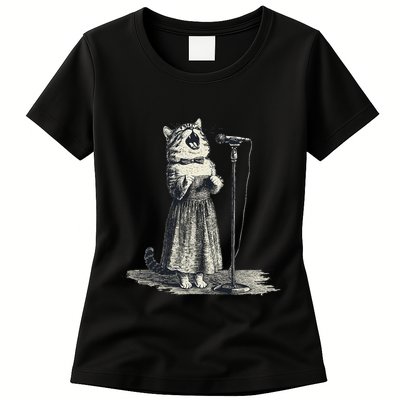Vintage Singing Cat Microphone Retro Illustration Womens T-Shirt