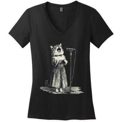 Vintage Singing Cat Microphone Retro Illustration Women's V-Neck T-Shirt