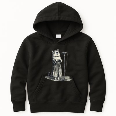 Vintage Singing Cat Microphone Retro Illustration Kids Hoodie