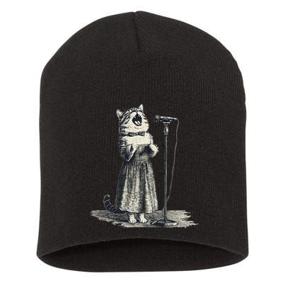 Vintage Singing Cat Microphone Retro Illustration Short Acrylic Beanie