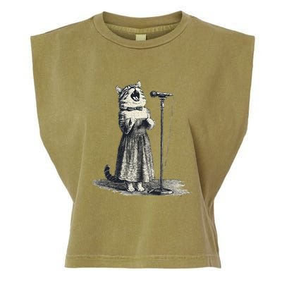Vintage Singing Cat Microphone Retro Illustration Garment-Dyed Women's Muscle Tee