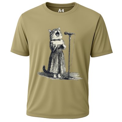 Vintage Singing Cat Microphone Retro Illustration Performance Shirt
