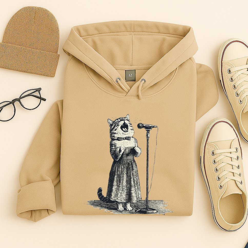 Vintage Singing Cat Microphone Retro Illustration Hoodie