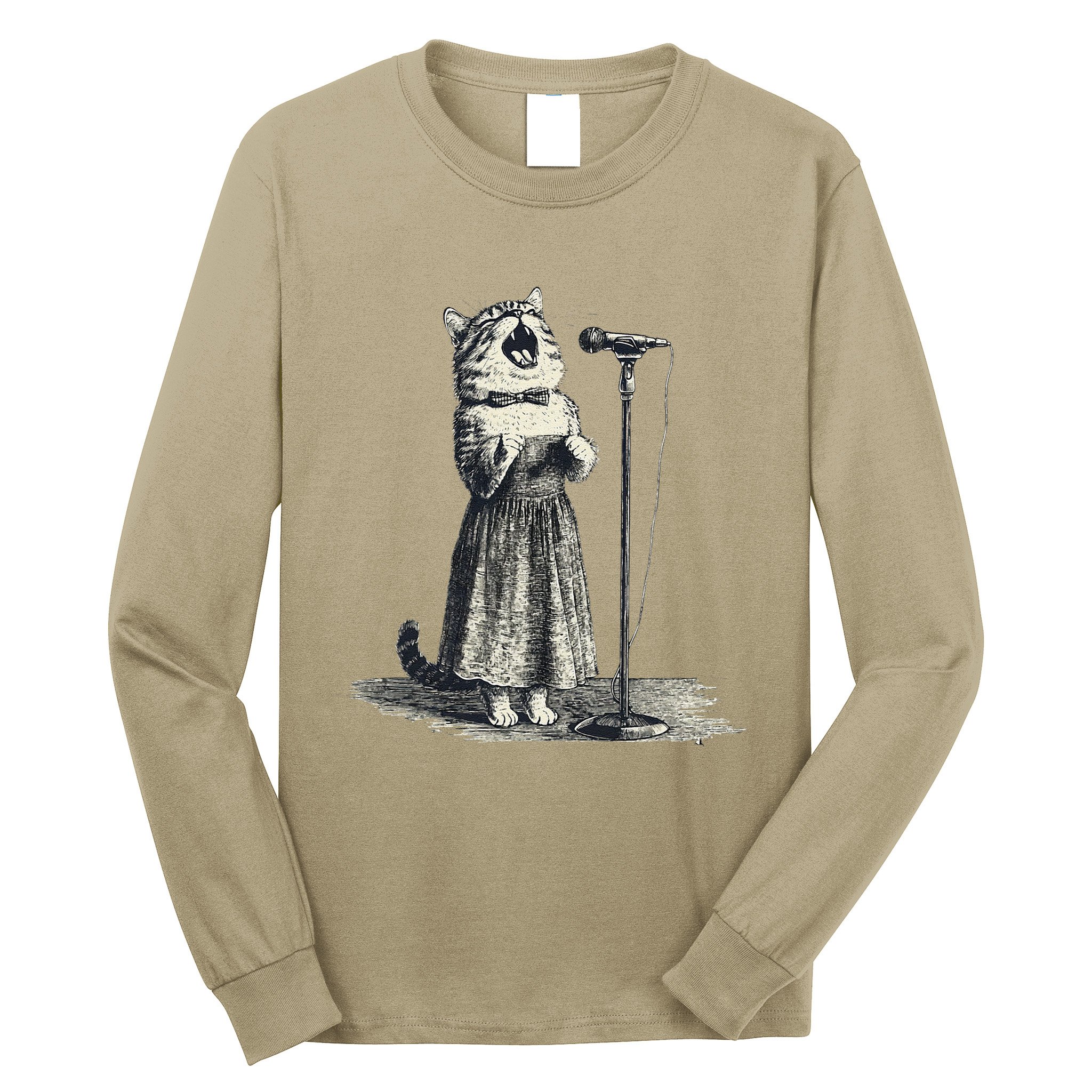 Vintage Singing Cat Microphone Retro Illustration Long Sleeve Shirt